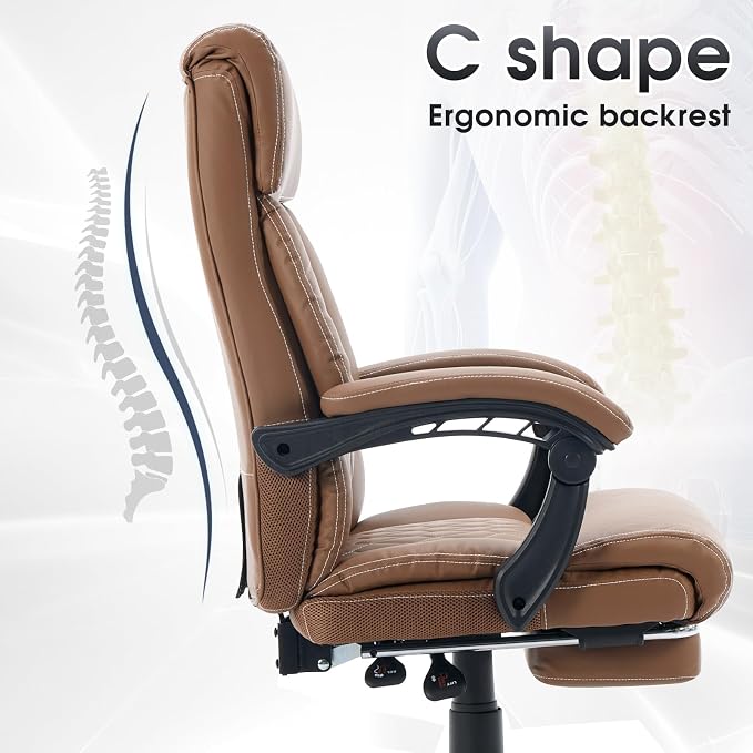 High Back Office Chair with Footrest, 155° Reclining Leather Comfy Desk Chair - Image 4