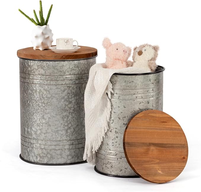 Poofzy Farmhouse End Tables Set of 2, Galvanized Metal Decor Side Table by Poofzy