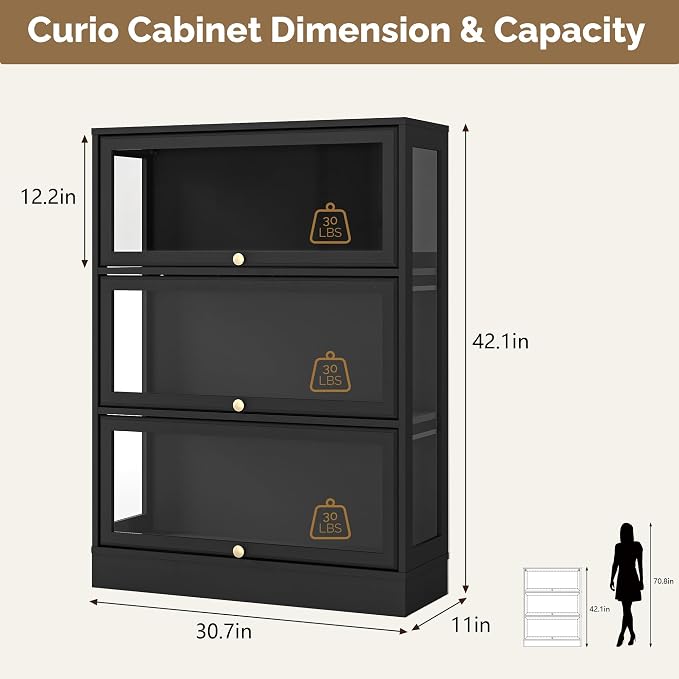 Display Cabinet with Acrylic Glass Doors, 3-Tiers Curio Cabinet with LED - Image 2