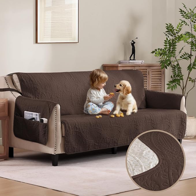 Soft Couch Cover with Pockets for Extra-Large Sofa, Medallion Quilted Design by Pamhaven