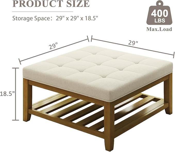Befurtori Large Square Ottoman Coffee Table, Linen Solid Upholstered Footrest - Image 2