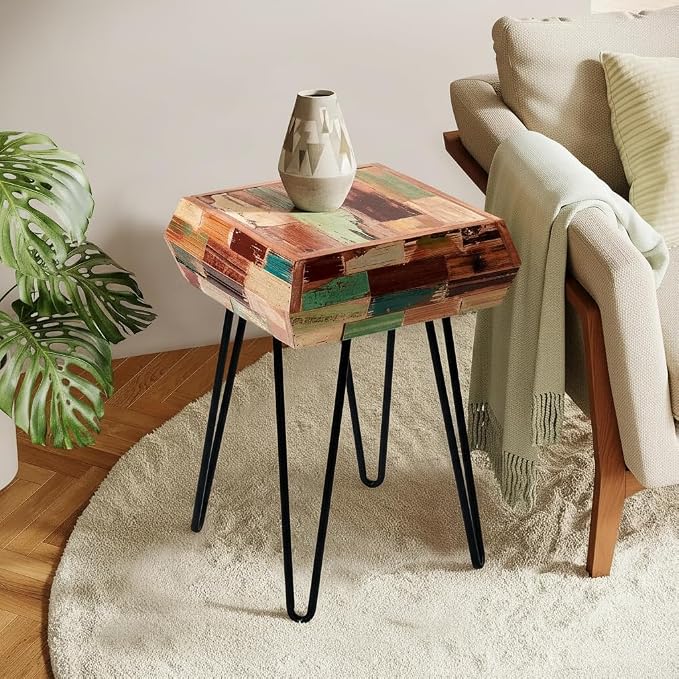 Multicolor Square Wood Drum Side Table 14" x 14" x 20" H Reclaimed Wooden - Image 6