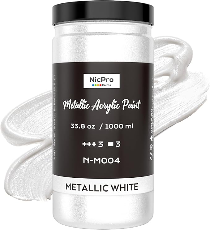Nicpro Metallic Pearl White Acrylic Paint 33.8oz/1000ml, Non Toxic Pearlescent by Nicpro