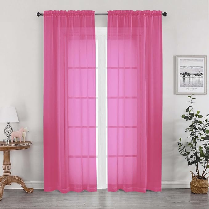 Sheer Hot Pink Curtains for Bedroom Living Room 78 Inches Long 2 Panels Set by OWENIE