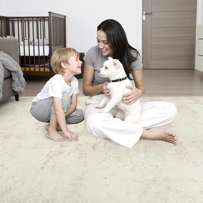 5x7 Area Rug Living Room: Modern Washable Indoor Soft Carpet Beige | - Image 10