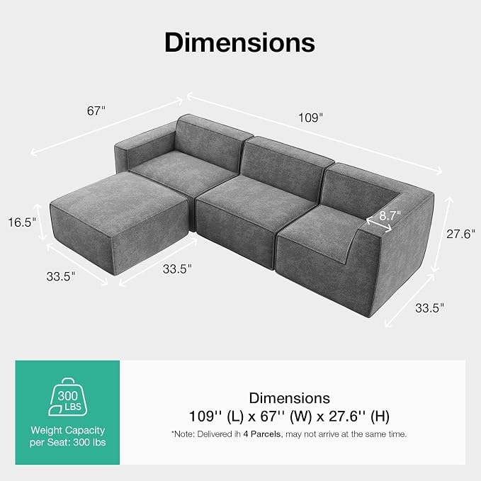 Novilla 109" Modular Sectional Sofa, No Assembly Cloud Sectional Couch - Image 2