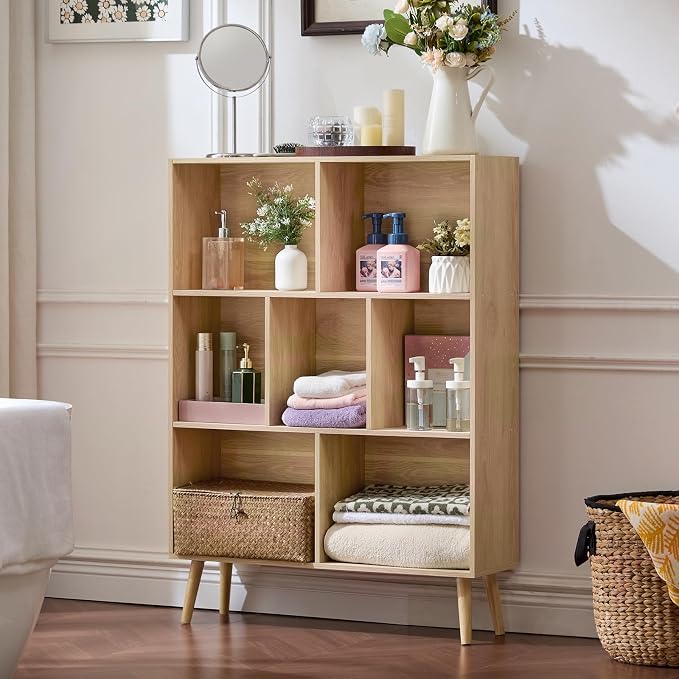 LEYAOYAO Cube Bookshelf 3 Tier Mid-Century Light Wood Modern Bookcase - Image 5