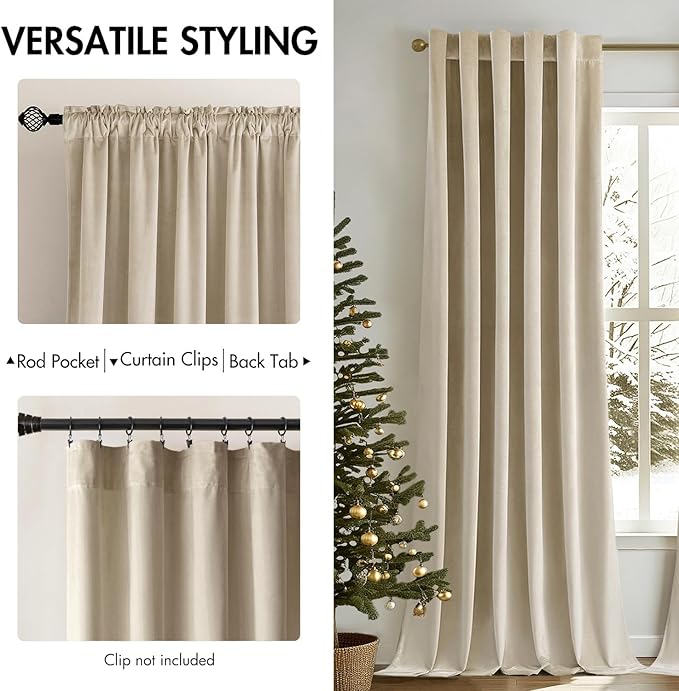 MIULEE Velvet Curtains 52x108 inches 2 Panels Beige Blackout Curtains | Luxury - Image 2