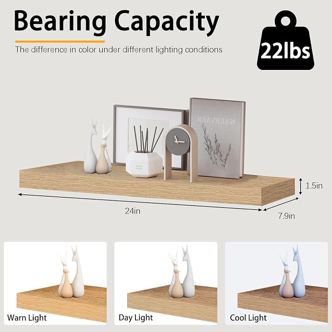 Oak Floating Shelves for Wall，24in Wall Mounted Display Ledge Shelves Perfect - Image 2