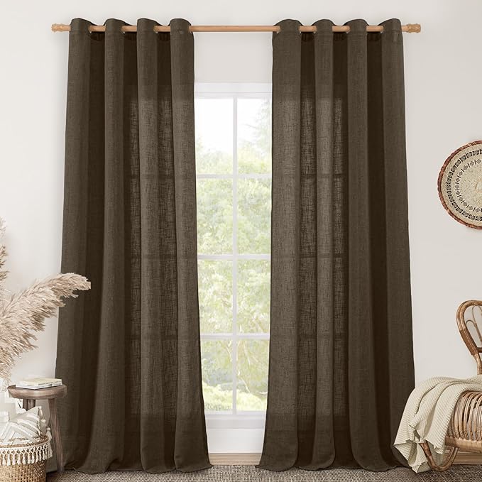 95 inches Long Linen Curtains for Living Room, Dark Brown Bronze Grommet Panels by LAMIT