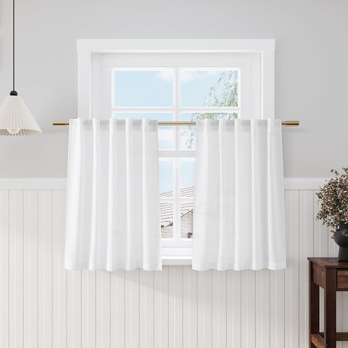 White 36 Inch Length Kitchen Curtains Linen Blend Back Tab Privacy Light by Nanspring