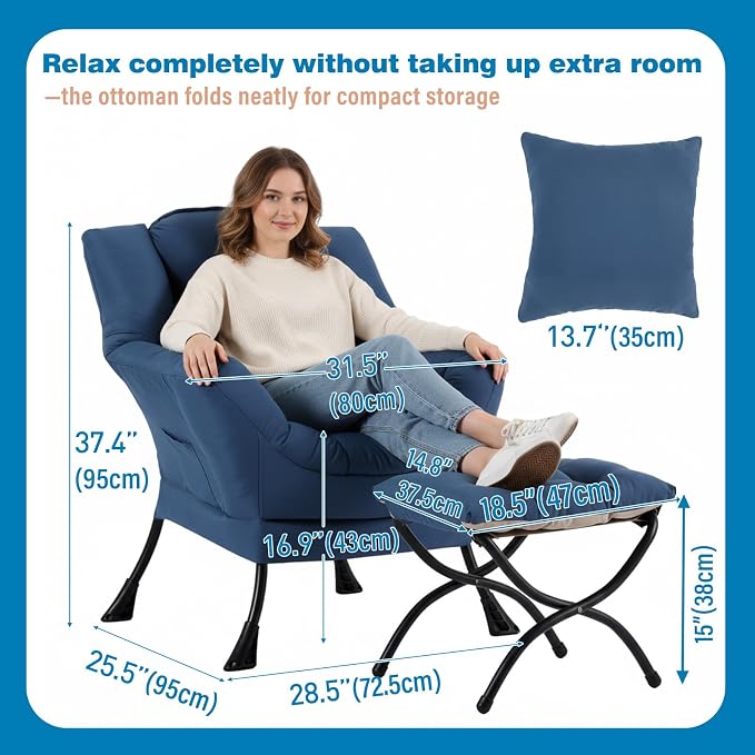 Lazy Chair with Ottoman, Reading Chair with a Pillow, Leisure Sofa Armchair - Image 2