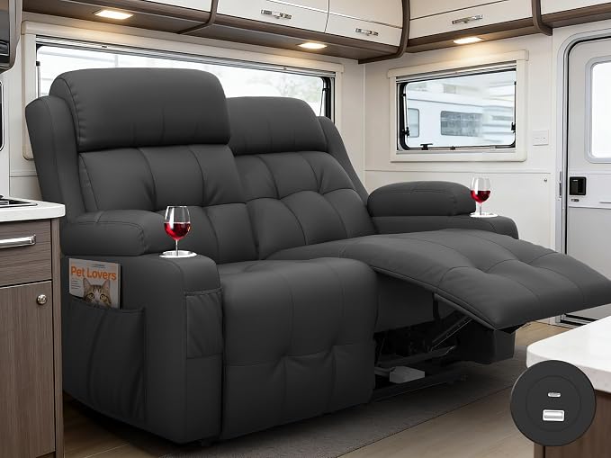 Reclining Loveseat with Pebble Texture Fabric, Loveseat Recliner with USB/Type by FurgattiEnjoyYourLife