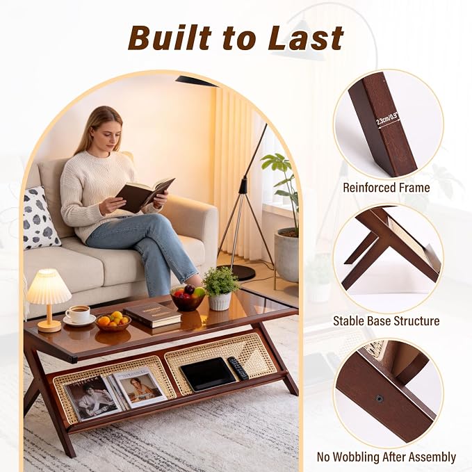 Tiita Rattan Coffee Table, Bamboo Accent Bedside Tables, Glass Nightstand Side - Image 8