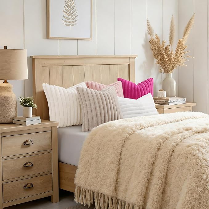decorUhome Fall Faux Fur Throw Pillow Covers 26x26 Set of 2 Cream White | - Image 6