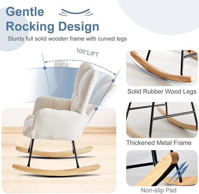 DUMOS Rocking Chair with Wing Backrest, Soft Padded Teddy Upholstered Indoor - Image 6