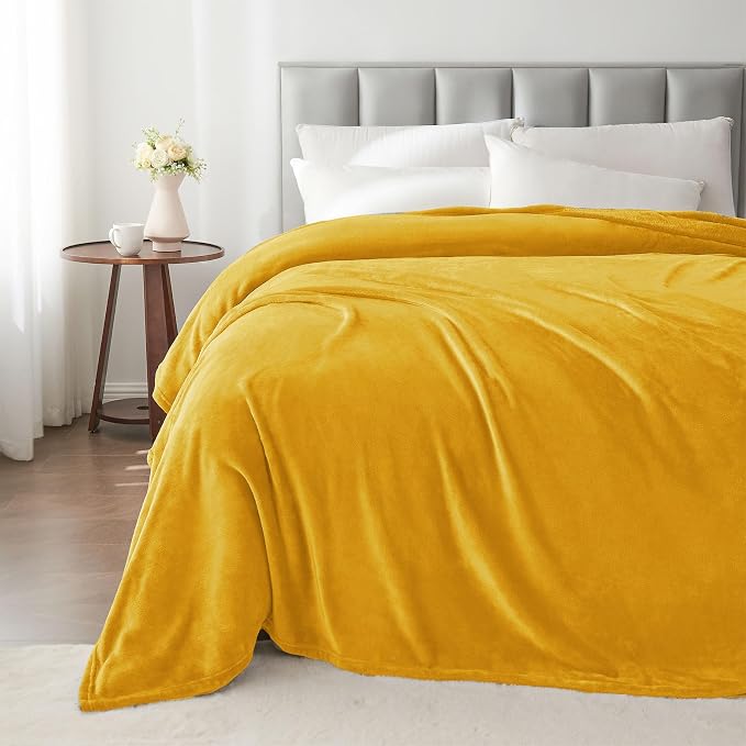 BEDELITE Fleece Blanket Soft Plush Queen Size Bed Blanket Yellow 90"x90" | - Image 6