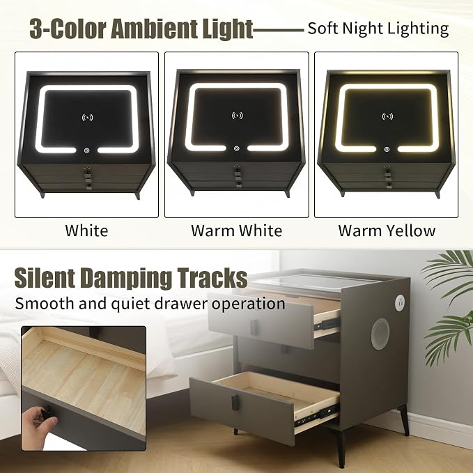 Smart Nightstand with Charging Station, Adjustable LED, USB Ports, Fingerprint - Image 5