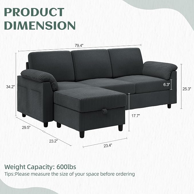 Vongrasig Convertible Sectional Sofa Couch, 3 Seat L Shaped Sofa - Image 2