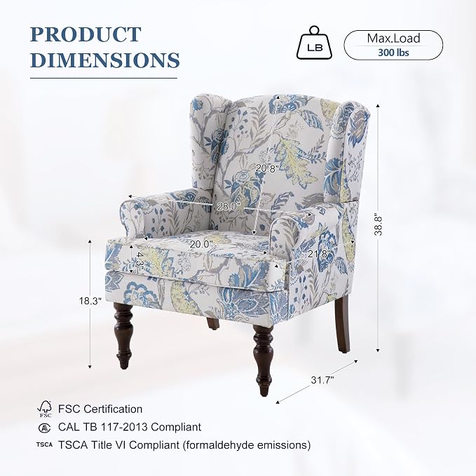 HUIMO Printed Wingback Accent Chair, Linen Upholstered High Back Armchair - Image 2