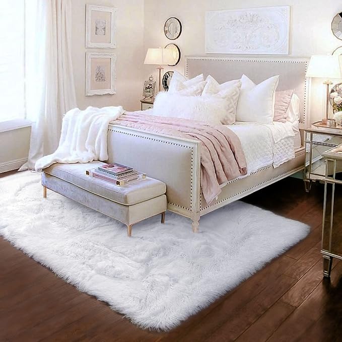 Amdrebio White Fluffy Fuzzy Furry Area Rug 4x6 - Image 3