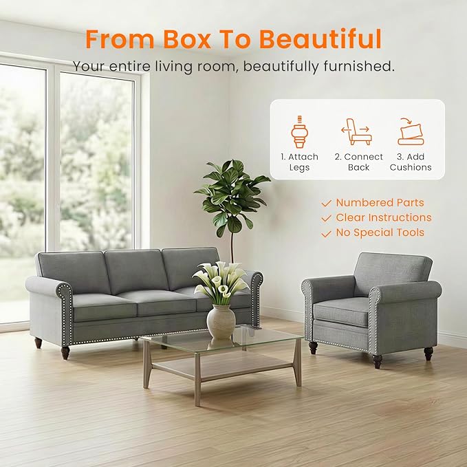 2 Piece Living Room Sofa Sets, Modern 3 Seater Couch and Armchair Sets - Image 6