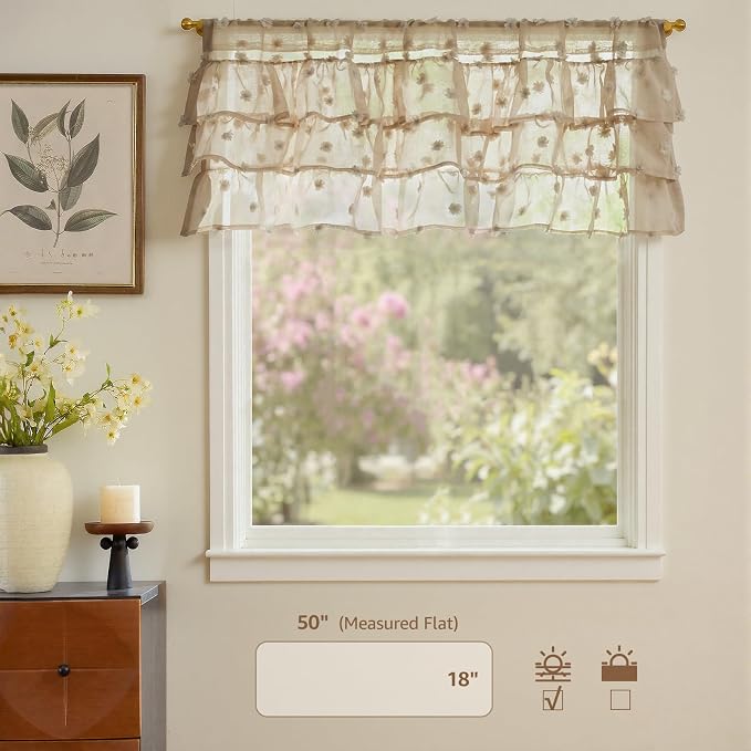 jinchan Ruffled Kitchen Valance Pom-Pom Voile Valance Curtains Sheer Shabby - Image 5