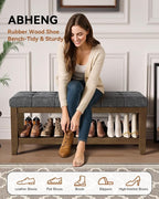 ABHENG Solid Rubber Wood Shoe Bench, Soft Chenille Material Upholstered Seat - Image 3