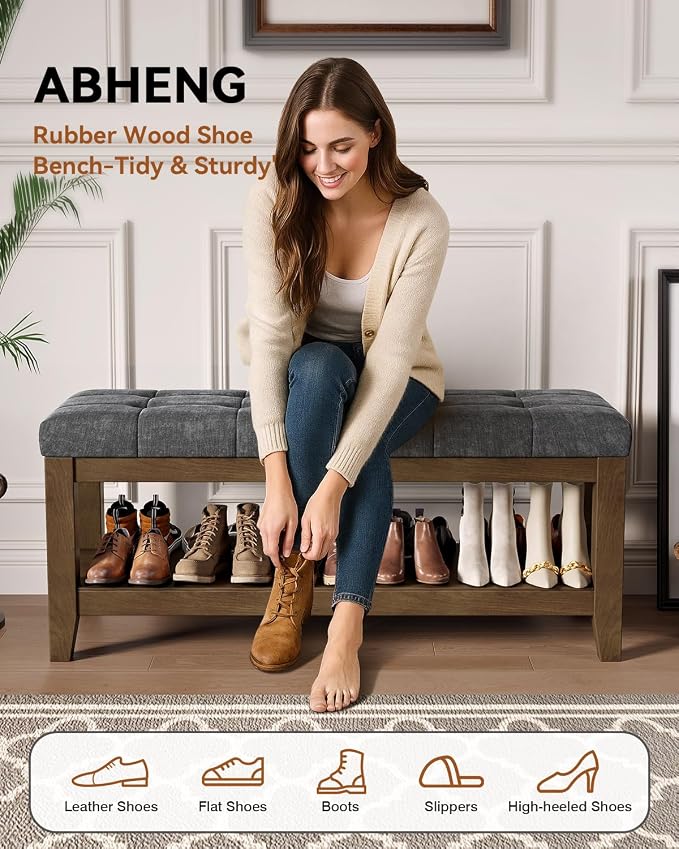 ABHENG Solid Rubber Wood Shoe Bench, Soft Chenille Material Upholstered Seat - Image 3