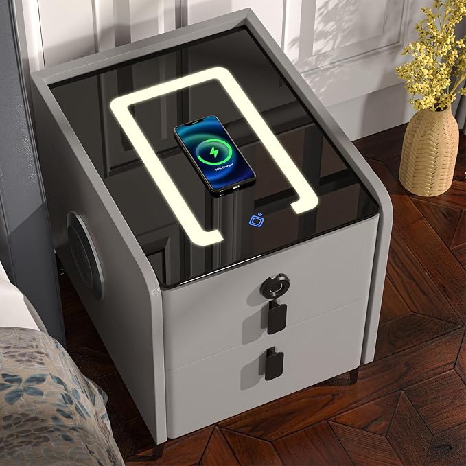 Smart Nightstand with Fingerprint Lock Drawer, Nightstand with Wireless Charging - Image 4