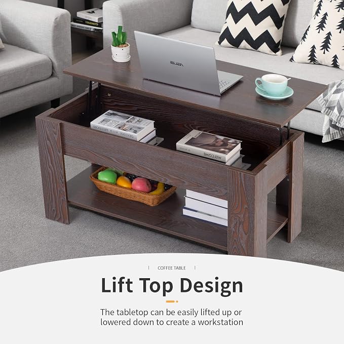 FDW Lift Top Coffee Table with Hidden Compartment and Storage Shelf Wooden Lift - Image 6