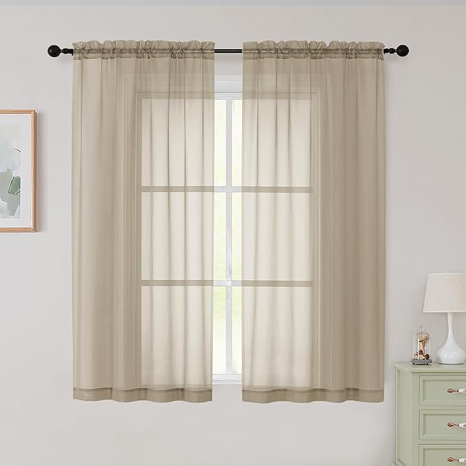 Sheer Taupe Curtains for Bedroom Living Room 54 Inch Length 2 Panels Set by WelvetBLK