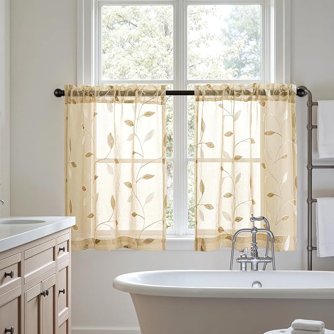 MIULEE Beige Sheer 30x36 Inches Length 2 Panels Embroidered Leaf Patterned | - Image 7