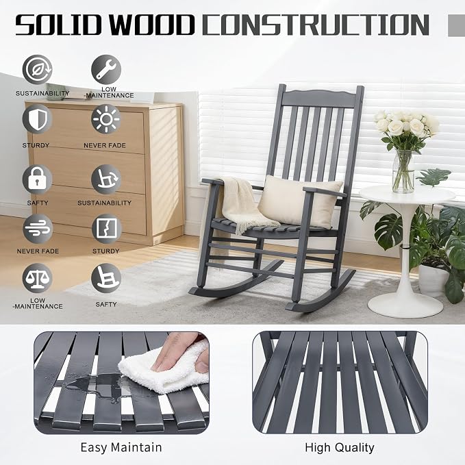 Outvita Outdoor Rocking Chair, Solid Wood High Back Rocker, All Weather Lounge - Image 7