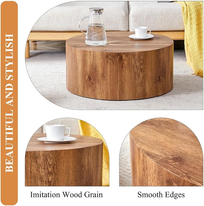 Round Coffee Table, 23.6" Modern Wood Drum Coffee Table, Round Accent Center - Image 4
