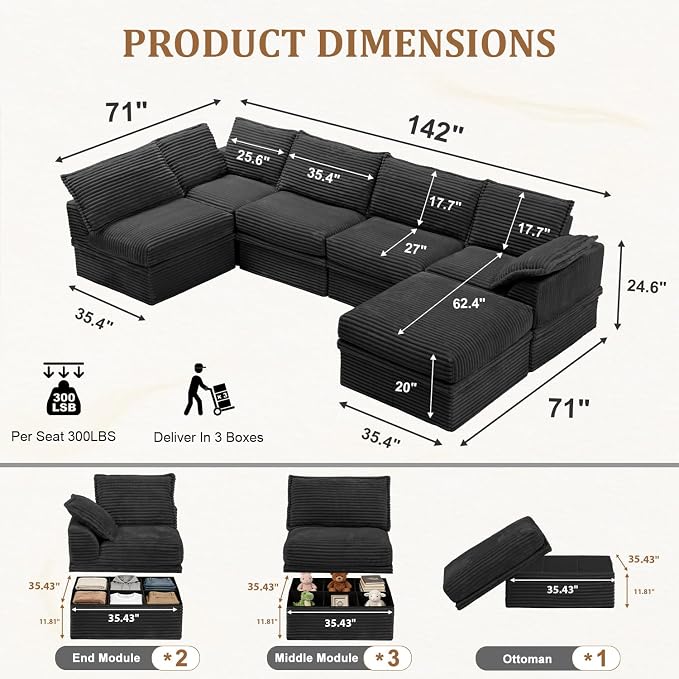 Upgrade Boneless Couch with Storage, Extra Deep&High Seat Modular Sectional - Image 3