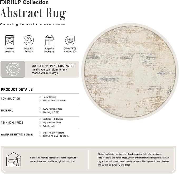 Round Area Rug Living Room: 8 ft Modern Washable Indoor Carpet | - Image 2