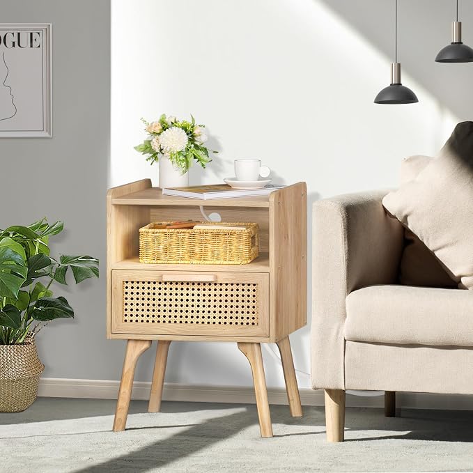 Lerliuo Rattan Nightstand with Charging Station, Boho Side Table with Drawer - Image 4