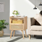Lerliuo Rattan Nightstand with Charging Station, Boho Side Table with Drawer - Image 4