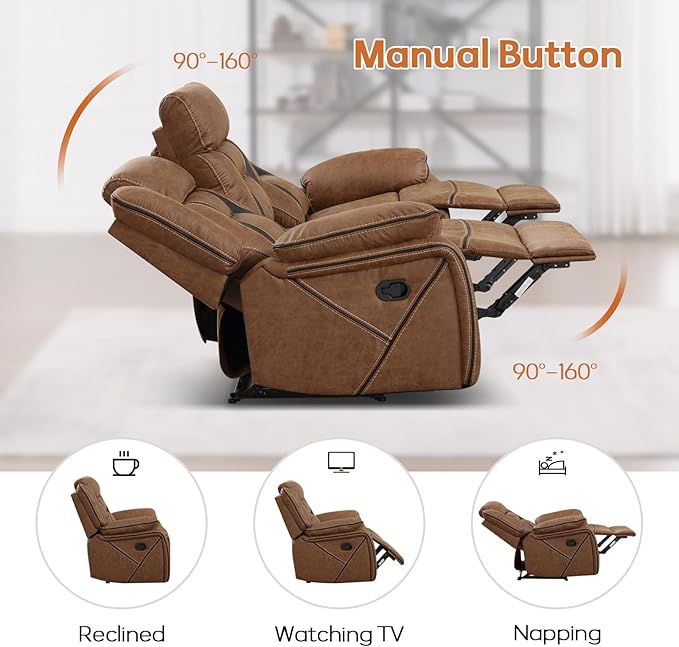 EBELLO Faux Leather Manual Reclining Sofa, 3 Seat Recliner Sofa Chair, Couch - Image 4