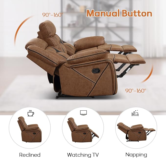EBELLO Manual Recliner Sofa Set, Faux Leather Reclining Living Room Furniture - Image 4