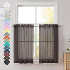 Brown Sheer Curtains 36 inches Long, Short Kitchen Window Treatment Solid by OVZME