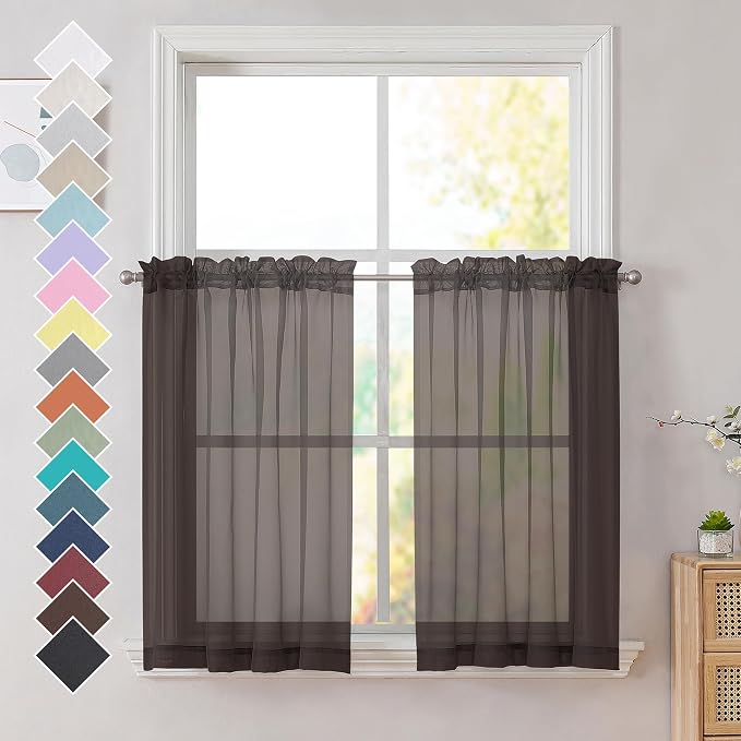 Brown Sheer Curtains 36 inches Long, Short Kitchen Window Treatment Solid by OVZME