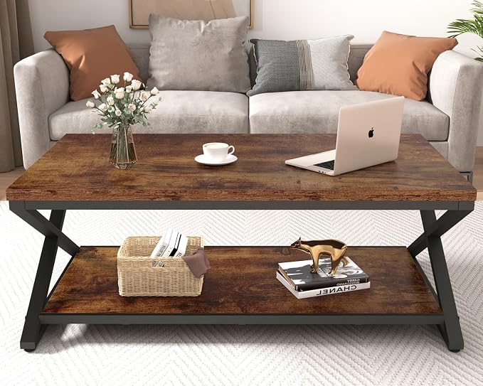 HSH Rustic Coffee Table with Storage Shelf, Industrial Metal Wood Living Room - Image 4