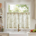 Green on Beige Linen Kitchen Curtains Rod Pocket 26W X 24L 2 Panels | Elisa by Lazzzy