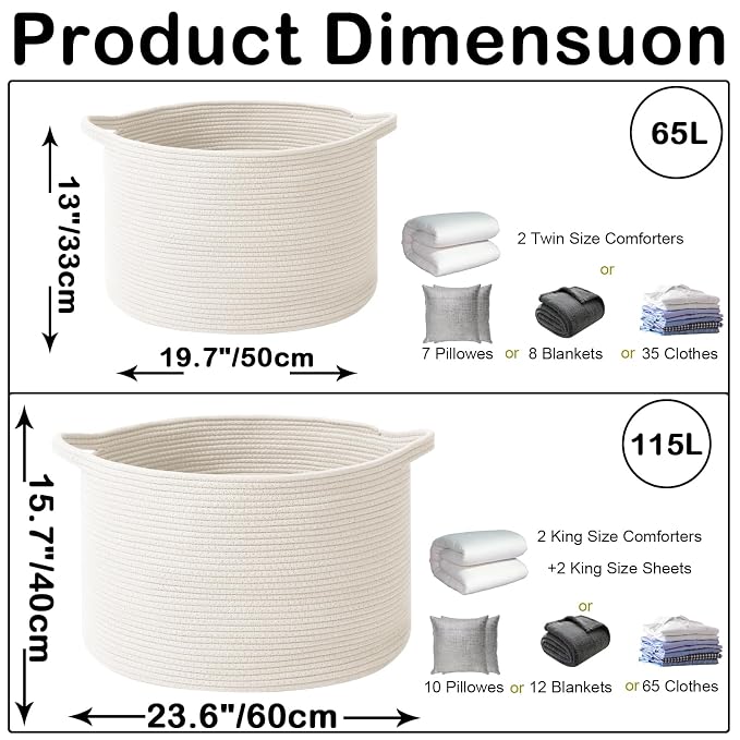 115L Extra Large Woven Cotton Rope Blanket Basket - Image 2
