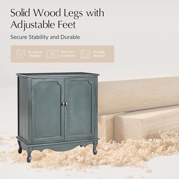 Solid Wood Sideboard with Adjustable Feet, 2 Shelves Storage Accent Cabinet - Image 6