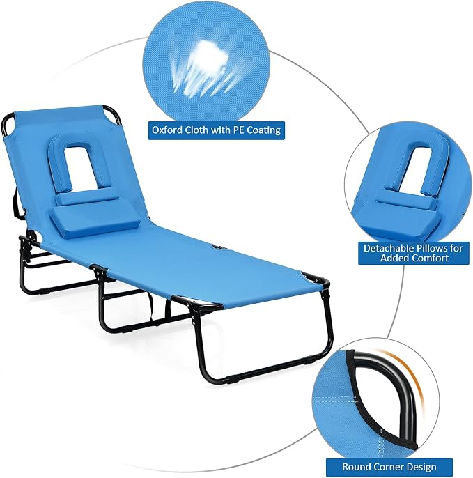 Folding Beach Lounge Chair w/ 5 Adjutable Backrest & Padded Pillow, Sunbathing - Image 7