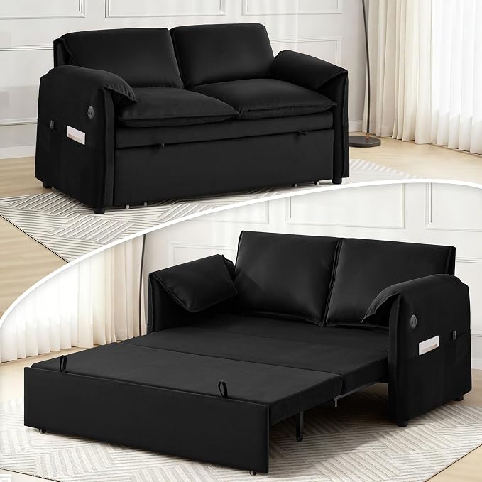 63" Velvet 3 in 1 Convertible Sleeper Sofa Bed, Pull Out Couch Bed Loveseat by UMBFUN