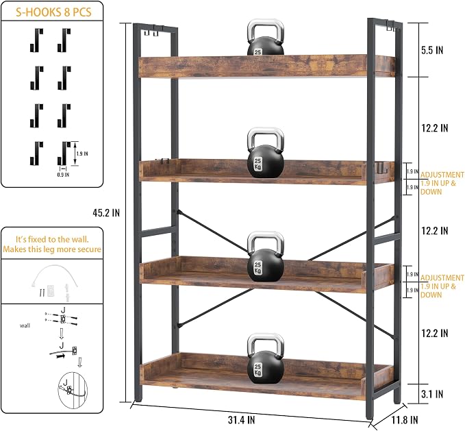 HCHQHS 4 Tier Bookshelf, Adjustable Industrial Bookcase, Vertical Tall Book - Image 4
